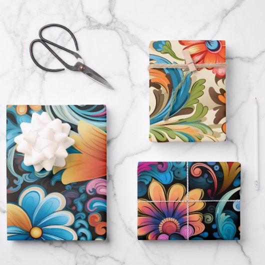 ヴィンテージ70sレトロヒッピースタイルフラワーパワーボホ ラッピングペーパーシート (正面)