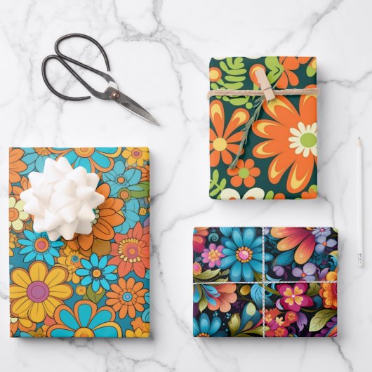 ヴィンテージ70sレトロヒッピースタイルフラワーパワーボホ ラッピングペーパーシート (正面)