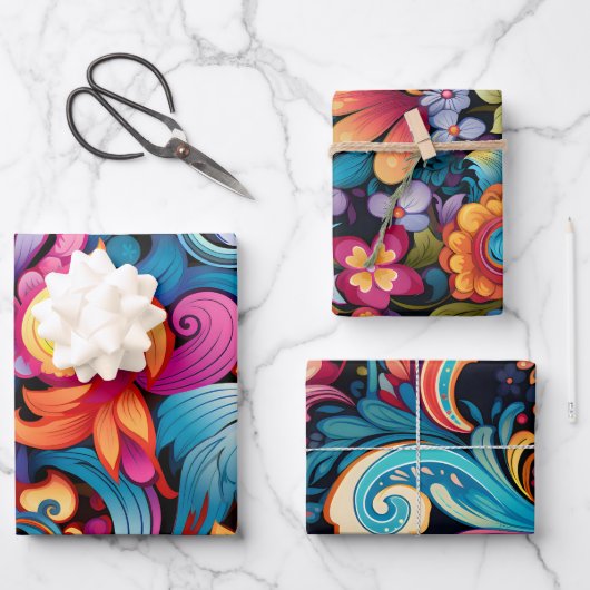 ヴィンテージ70sレトロヒッピースタイルフラワーパワーボホ ラッピングペーパーシート (正面)