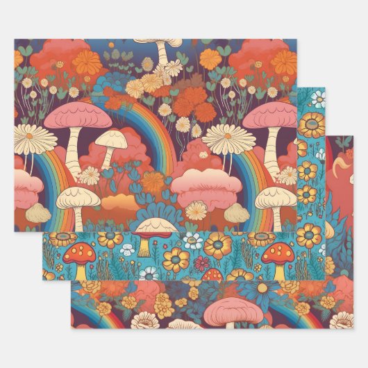 ヴィンテージ70sレトロヒッピースタイルマッシュルームボホーセット3 ラッピングペーパーシート (セット)