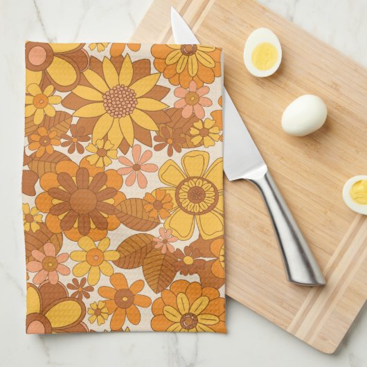 ヴィンテージ70sレトロフローラルパターンブラウンイエロー キッチンタオル (四つ折り)