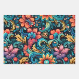 ヴィンテージ70s Boho サイケデリック Swirl Set of 3 ラッピングペーパーシート