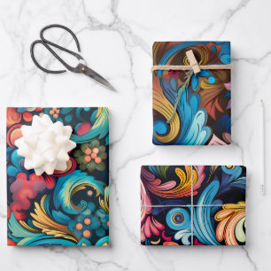 ヴィンテージ70s Boho サイケデリック Swirl Set of 3 ラッピングペーパーシート