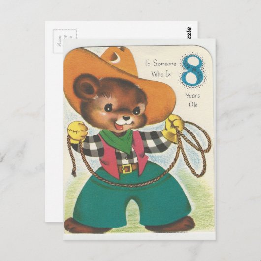 ヴィンテージ8歳ハッピーバースデーベア ポストカード (正面/裏面)