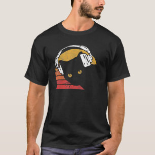 ヴィンテージ80年代スタイルの猫とヘッドホン レトロダサデザイン Tシャツ