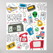 ヴィンテージ80年代90年代のブームボックス、テレビ付きドードル ポスター (正面)