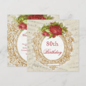 ヴィンテージ80誕生日レッドローズフレームミュージックシート 招待状 (正面/裏面)