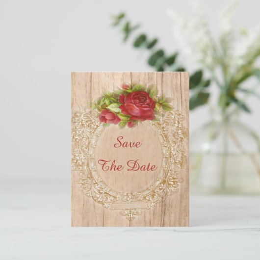 ヴィンテージ80誕生日レッドローズ木枠 案内ポストカード (スタンド正面)