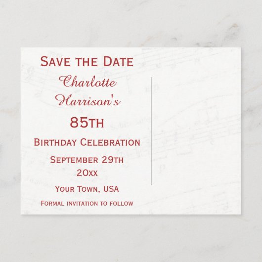 ヴィンテージ85誕生日レッドローズフレームミュージックシート 案内ポストカード (裏面)