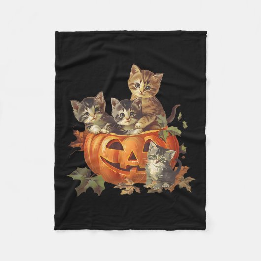 ヴィンテージ90sネコレトロパンプキンキッチンハロウィーンCa フリースブランケット (正面)