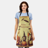 ヴィンテージ、お洒落ハロウィーンのカボチャとこうもり エプロン (着用した状態)