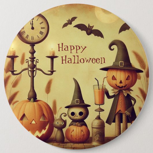ヴィンテージ、お洒落ハロウィーンのカボチャとこうもり 缶バッジ (正面)