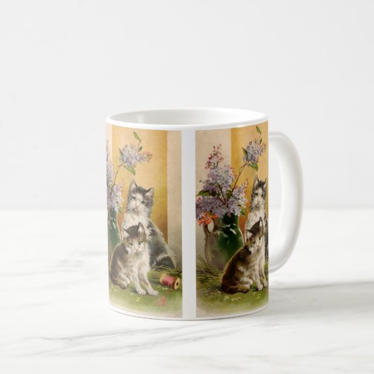 ヴィンテージ、かわいいビクトリアン猫と花 コーヒーマグカップ (正面右)