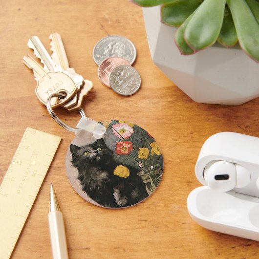 ヴィンテージ、かわいい子ビクトリアン猫、花 キーホルダー (デスク)