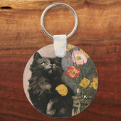 ヴィンテージ、かわいい子ビクトリアン猫、花 キーホルダー (正面)