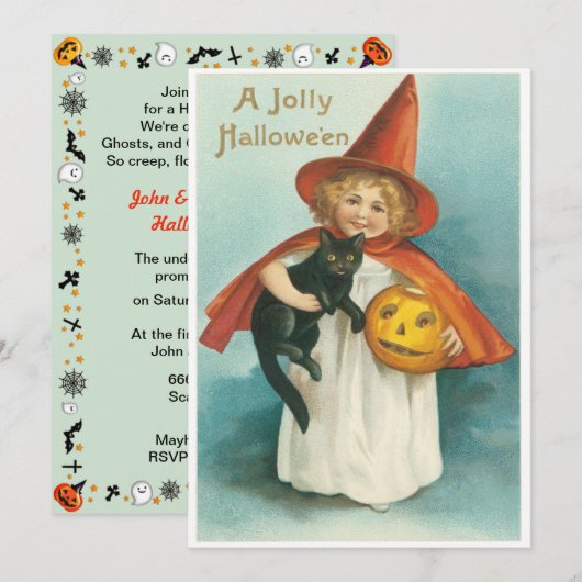 ヴィンテージ かわいい魔女と猫のハロウィン 招待状 (正面/裏面)