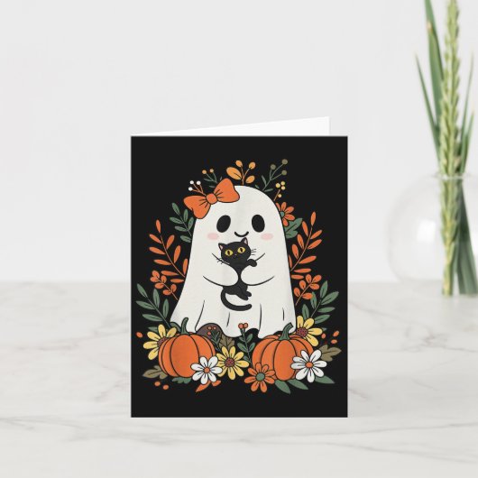 ヴィンテージ かわいい おばけ 黒猫とカボチャ ハロウィン カード (正面)