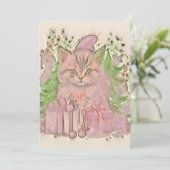 ヴィンテージ かわいい クリスマス 猫 水彩画 (スタンド正面)