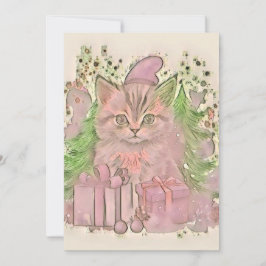 ヴィンテージ かわいい クリスマス 猫 水彩画