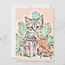 ヴィンテージ かわいい クリスマス 猫 水彩画