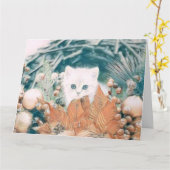 ヴィンテージ かわいい クリスマス 猫 水彩画 カード (黄色い花)