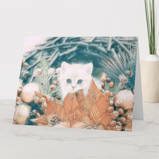 ヴィンテージ かわいい クリスマス 猫 水彩画 カード (正面)