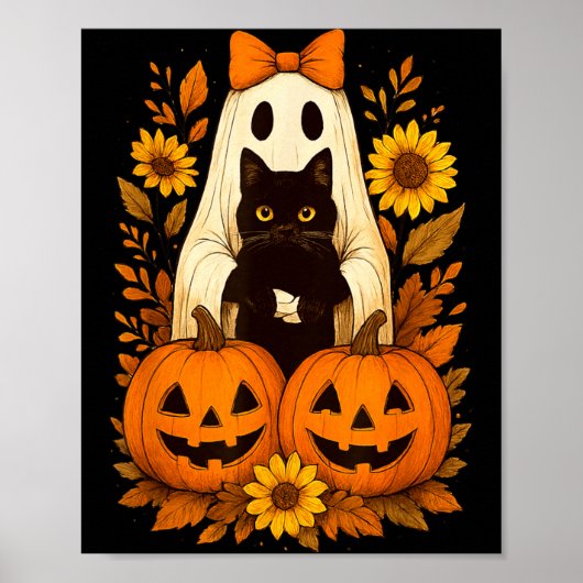 ヴィンテージ かわいい ハロウィン おばけ 黒猫 ポスター (正面)