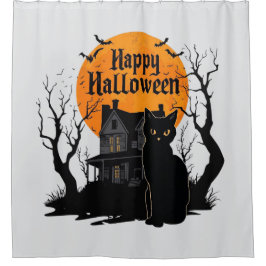 ヴィンテージ かわいい 猫 コウモリ ハッピーハロウィン  シャワーカーテン