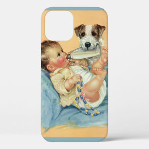 ヴィンテージ かわいい 赤ちゃん 男の子 ミルク瓶 と 子犬 iPhone 12ケース
