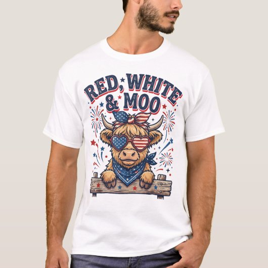 ヴィンテージ かわいい 赤 白 牛 7月4日 アメリカ独立記念日 Tシャツ (正面)