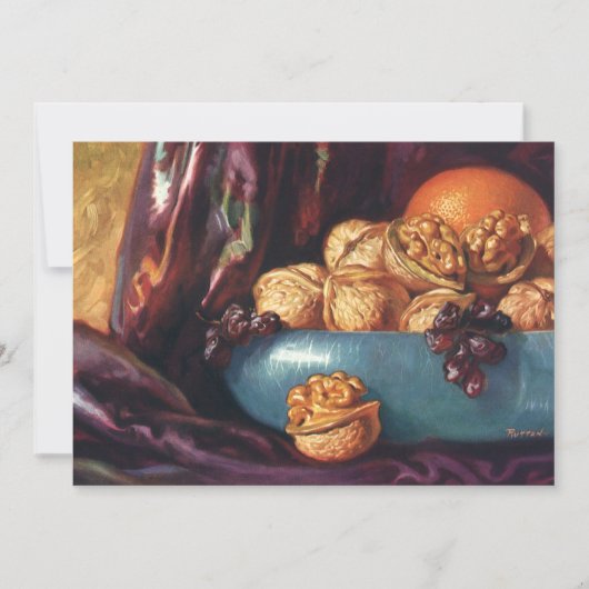 ヴィンテージ、くるみ、青鉢に入った果実 (正面)