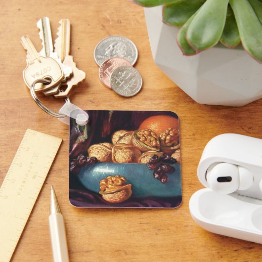 ヴィンテージ、くるみ、青鉢に入った果実 キーホルダー (デスク)