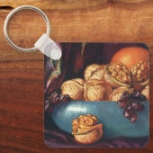 ヴィンテージ、くるみ、青鉢に入った果実 キーホルダー (正面)