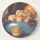 ヴィンテージ、くるみ、青鉢に入った果実 コースター (正面)