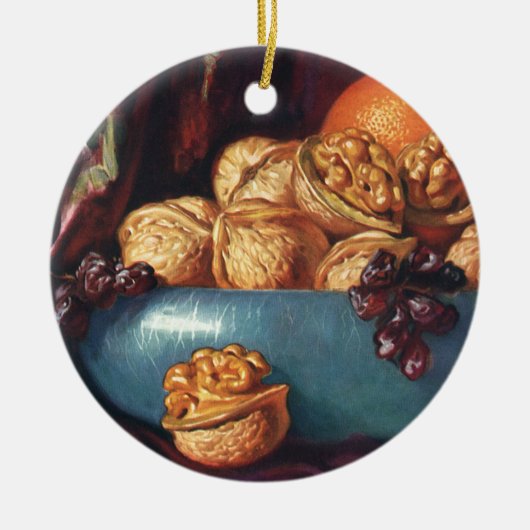 ヴィンテージ、くるみ、青鉢に入った果実 セラミックオーナメント (正面)