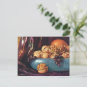 ヴィンテージ、くるみ、青鉢に入った果実 ポストカード (スタンド正面)