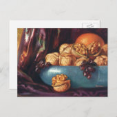 ヴィンテージ、くるみ、青鉢に入った果実 ポストカード (正面/裏面)