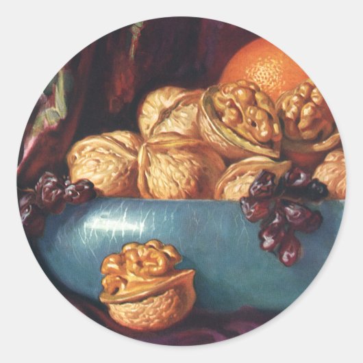 ヴィンテージ、くるみ、青鉢に入った果実 ラウンドシール (正面)