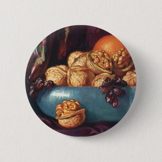 ヴィンテージ、くるみ、青鉢に入った果実 缶バッジ (正面)