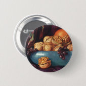 ヴィンテージ、くるみ、青鉢に入った果実 缶バッジ (正面&裏面)