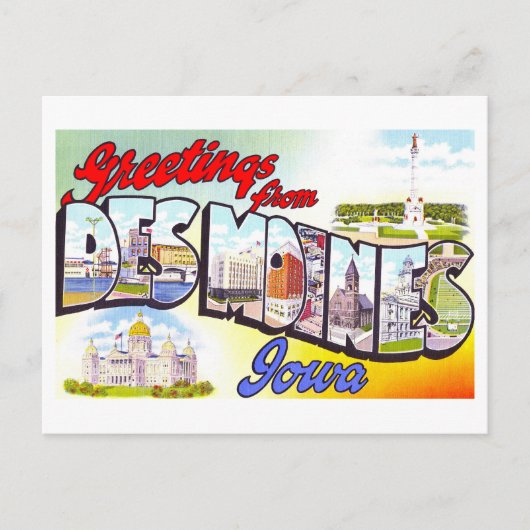 ヴィンテージ、アイオワ州デモインからの挨拶 ポストカード (正面)