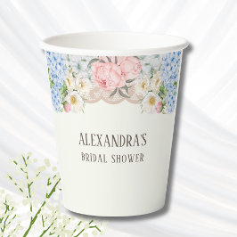 ヴィンテージ アイボリー ピオニー ブルー ハイドランジア ブライダル シャワー 紙コップ