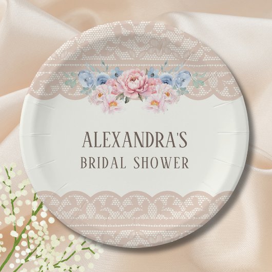 ヴィンテージ アイボリー ピンク フローラルレース ブライダルシャワー ペーパープレート