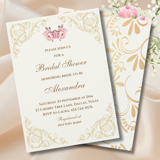 ヴィンテージ アイボリー ピンク フローラル ピオニー ブライダル シャワー 招待状