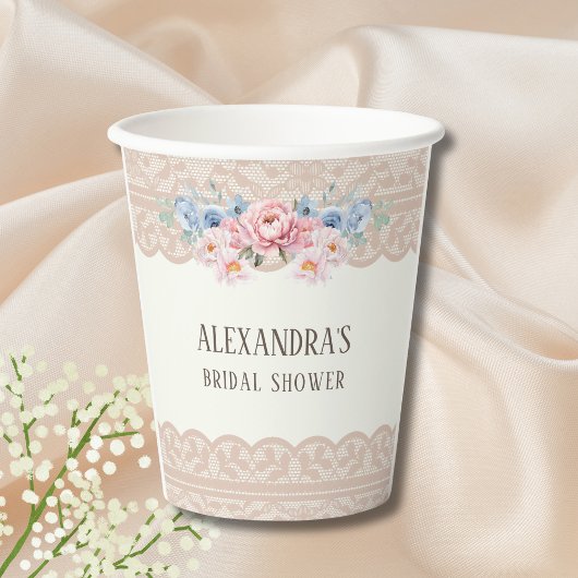 ヴィンテージ アイボリー ブルー フラワーレース ブライダルシャワー 紙コップ