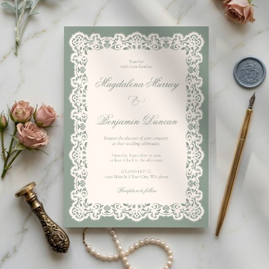 ヴィンテージ アイボリー レース エレガント セージグリーン シック ウェディング 招待状
