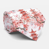 ヴィンテージ アジアの塔 ピンクの花咲く風景アート ネクタイ (ロール)
