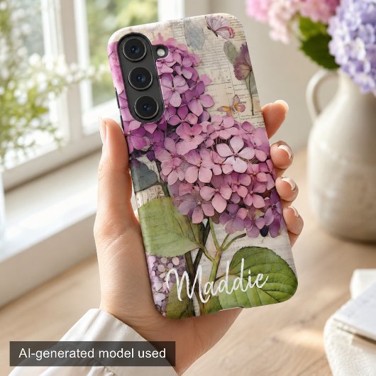 ヴィンテージ アジサイ & バタフライ ピンク オーダーメイド SAMSUNG GALAXYケース
