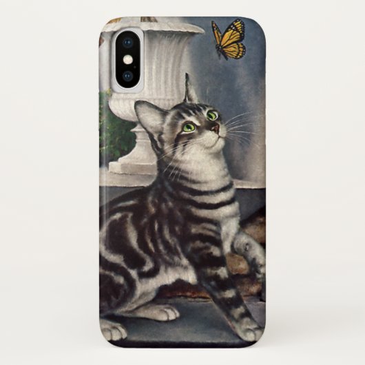 ヴィンテージ・アニマルズ: かわいいトラ猫と蝶々 Case-Mate iPhoneケース (裏面)