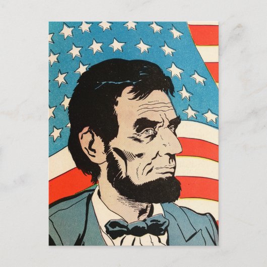 ヴィンテージ アブラハム・リンカーン アメリカ国旗 イラスト ポストカード (正面)
